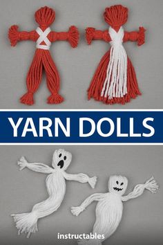 yarn dolls made to look like ghostes with text overlay that says yarn dolls