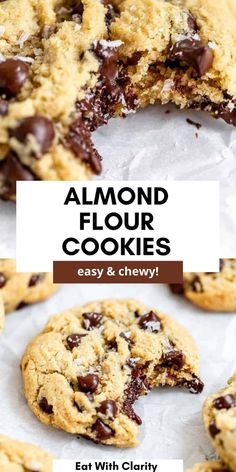 chocolate chip cookies with text overlay that reads, almond flour cookies easy and chewy