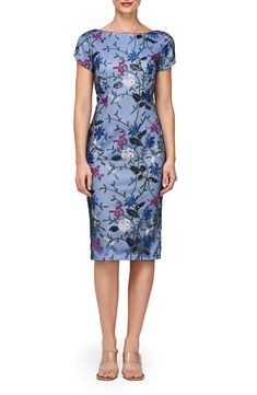 Colorful floral embroidery adds whimsical charm to an occasion-ready sheath dress framed by a bateau neck and cap sleeves. 39" length (size 8) Hidden back-zip closure Bateau neck Cap sleeves Back vent Lined 100% polyester Dry clean Imported Daytime Fashion, Beautiful Dresses Short, Floral Sheath Dress, Bateau Neck, Lingerie Romper, Designer Clothes For Men, Women's Summer Fashion, Nordstrom Dresses, Floral Embroidery