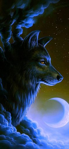 a painting of a wolf with the moon in the background