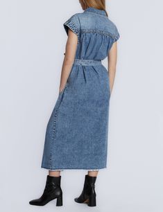 The Weekend Denim Midi Dress is always ready for fun, with it's adorable cropped sleeves, tie-waist, and frayed hem detail. Cropped Sleeves, Denim Midi Dress, Cover Model, Premium Denim, The Weekend, Midi Dress