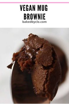 vegan mug brownie on a wooden spoon with text overlay that says vegan mug brownie