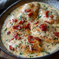 chicken with tomatoes and cream sauce in a bowl