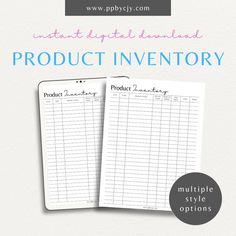 two printable product inventory sheets with the text, ultimate digital handmade product inventory