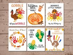 four thanksgiving cards with turkeys and handprints on them, one is for mom's little turkey