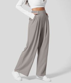 Women’s High Waisted Plicated Side Pocket Wide Leg Waffle Work Pants - Halara Shoet Wide Leg Pants, Where To Buy Wide Leg Pants, Pland Pants, Work Clothes Size 10, Tall Work Pants Women, Classic Trousers, Wide Trousers, Perfect Pant, Work Trousers