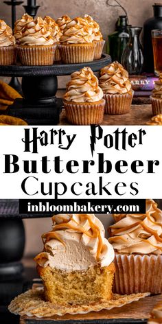 harry potter butterbeeer cupcakes with frosting on top and in the background