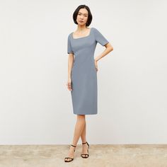 This classic sheath dress features elbow-length sleeves, an elegant square neckline, and a tailored fit. Thanks to stretchy, machine-washable fabric, it’ll become your go-to for days when you need to look polished in seconds flat. Recycled WonderTex is a fabric made from recycled plastic bottles. We spent over two years developing this fabric to make sure it had the same luxurious feel and high-function features (think: machine-washability, wrinkle-resistance, tons of stretch) as our original Wo Elegant Stretch Bodycon Dress With Square Neck, Elegant Bodycon Dress With Square Neck, Elegant Spring Bodycon Dress With Square Neck, Elegant Square Neck Bodycon Dress For Work, Square Neck Elastane Bodycon Dress For Evening, Evening Bodycon Dress With Square Neck In Elastane, Formal Dresses With Straight Neckline In Elastane, Formal Dress With Straight Neckline In Elastane, Elegant Dress With Square Neck