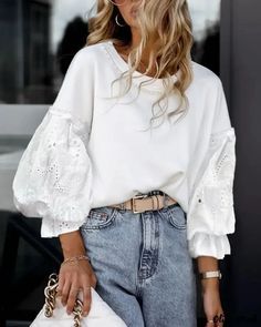 2 White Embroidered Top With Relaxed Fit, Casual White Blouse With Floral Embroidery, Casual Broderie Anglaise Top For Fall, Fall Casual Broderie Anglaise Top, Cotton Eyelet Long Sleeve Tops, White Embroidered Long Sleeve Top, White Relaxed Fit Blouse For Spring, White Relaxed Fit Eyelet Top, Chic White Embroidered Blouse