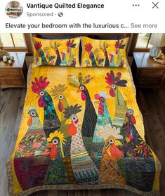 a bed with yellow bedspread and colorful roosters on it, along with matching pillows