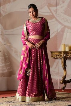 Wine banarasi georgette lehenga with leaf motifs and gota embroidery. Comes with a blouse and a dupatta. - Aza Fashions Designer Brocade Lehenga With Gota Work, Brocade Lehenga With Gota Work For Designer Wear, Anarkali Brocade Choli With Gota Work, Anarkali Style Brocade Choli With Gota Work, Semi-stitched Brocade Anarkali Set With Gota Work, Diwali Palazzo Set With Self Design For Receptions, Elegant Banarasi Silk Lehenga With Gota Work, Gota Embroidery, Blouse Lehenga