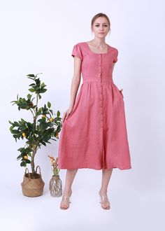 "It was a scoop neck linen dress , Puff Sleeves  Dress for Women, and a vintage look It is ideal for daily wear, party, travel, work, school, indoors and outdoor walks, spending time with family, shopping, etc.The dress is exceptionally comfortable and soft. DETAIL - 100% linen, soft washed - Medium weight linen - Short Sleeves - No lining, Don't see through - retro style -Colour: samlon blush Choose CUSTOM Order if you * Need a better fit * Can't find your size in our size Chart * Change the St Spring Linen Dress With Square Neck, Casual Linen Square Neck Dress For Summer, Casual Linen Dress With Square Neck For Summer, Spring Linen Midi Dress With Square Neck, Linen Square Neck Midi Dress For Spring, Square Neck Linen Midi Dress For Spring, Vintage Linen Dress With Square Neck, Vintage Linen Dress For Garden Party, Vintage Linen Dress For Spring