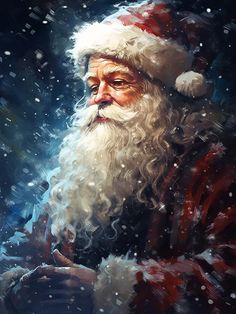 a painting of santa claus with snow falling all over his face and hands on his chest