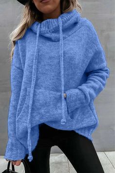 Rib-knit Kangaroo Pocket Drawstring Hooded Sweater Blue Drawstring Hoodie For Winter, Blue Hoodie With Drawstring For Winter, Solid Color Sweater With Drawstring Hood And Cozy Fit, Winter Outdoor Hoodie With Drawstring, Cozy Fall Sweater With Kangaroo Pocket, Cozy Fit Sweater With Drawstring Hood, Cozy Winter Hoodie With Drawstring, Cozy Winter Sweater With Kangaroo Pocket, Blue Hooded Sweatshirt With Ribbed Cuffs