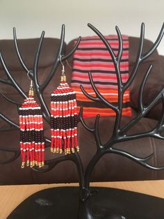 "Beaded Earrings, Red- Gold- Black, Eastafrican- Style, Fits with the traditional eritrean Clothes called \"Abdalla- Kani\", Habesha Style" Eritrean Clothing, Beaded Fringe Earrings, Boho Chic Earrings, Earrings Beaded, Earrings Red, Beaded Fringe, Silver Pendants, Fringe Earrings, Cute Earrings