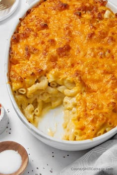 macaroni and cheese casserole in a white dish