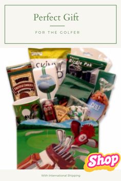 the golf gift basket is full of goodies