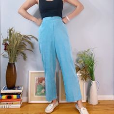 Soft, Corduroy Trousers That Have A Comfortable, Elastic Waistband. *True High Rise *Velvety Corduroy Material *Comfortable Elastic Waistband *Solid, Pastel Blue/Robin Eggshell Color Brand: Alfred Dunner Size: Label 10, Should Fit M-L; Flat Lay Measurements Waist 14”, Rise 13”, Inseam 26.5” Fabric: 85% Polyester, 13% Nylon, 2% Spandex Condition: New With Tags, Dead Stock Clipped To Fit Model Who Is 125lbs, 5’6”, Typically Wears S/M, 34b, 28” Waist And 35” Hips Blue High Waist Corduroy Bottoms, High Waist Blue Corduroy Bottoms, Blue High-waist Corduroy Bottoms, Vintage Blue Relaxed Fit Bottoms, Vintage Blue Bottoms With Relaxed Fit, Fitted Blue Corduroy Bottoms, Blue Corduroy Bottoms With Pockets, Vintage Blue Pants With Relaxed Fit, Blue Corduroy Pants With Pockets