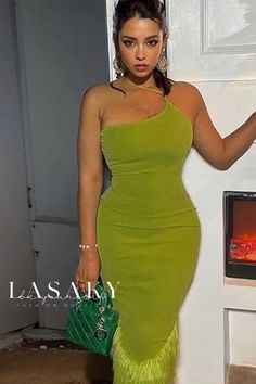 Lasaky - Elegant One-Shoulder Sling Dress featuring a Chic Backless Design and Stylish Fishtail Hem Feather Prom Dress, Elegant Birthday Party, Solid Midi Dress, Green Evening Dress, Elegant Birthday, Birthday Party Dress, Sling Dress, Bodycon Midi, Chic Sundress