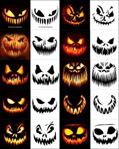 halloween pumpkins with scary faces on them, all lit up in different colors and shapes