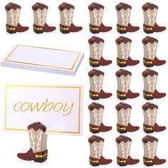 the cowboy boots are next to each other and there is a card in front of them