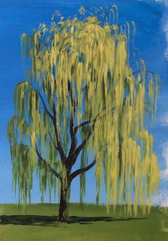 a painting of a tree with yellow leaves on it's branches and blue sky in the background