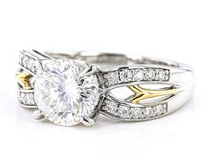 Pre-Owned Moissanite Fire(R) 2.37ctw diamond equivalent weight round Inferno cut(TM) and round brilliant  Platineve(R) and 14k yellow gold over sterling silver ring. Measures approximately 1/4" L x 1/16" W and is not sizeable. Actual moissanite weight is 2.08ctw. .  This product may be a customer return, vendor sample, or on-air display and is not in its originally manufactured condition.  It may not be new.  In some instances, these items are repackaged by JTV. Spring Jewelry Trends, Resort Jewelry, Stud Earrings Unique, Vintage Inspired Jewelry, Pendant Watches, Celestial Jewelry, Nature Jewelry, Heart Jewelry, Animal Jewelry