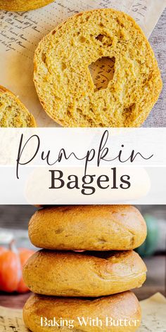 pumpkin bagels stacked on top of each other with text overlay that reads, pumpkin bagels