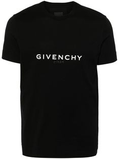 black cotton jersey texture crew neck short sleeves logo print to the front logo print to the rear straight hem Modern Crew Neck T-shirt With Logo Detail, Black Graphic Tee With Logo Detail, Classic Black Tops With Logo Detail, Classic T-shirt With Logo Lettering For Streetwear, Givenchy Logo, Summer Beach Wear, Cotton Logo, T Shirt Vest, T-shirt Polos