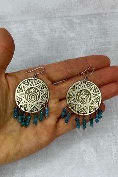 Bohemian dangle earrings for bride, Boho gem jewelry for Her, Circle Sun earrings, Ethnic jewellery. Beautiful apatite earrings will be ideal gift for women. Unique metallic dangles with little blue stones you can wear every day. Artistic bohemian earrings could be ideal gift for daughter or sister. This native american earrings will add a unique and cultural touch to any outfit. Apatite Earrings, Earrings For Bride, Sun Earrings, Bohemian Style Jewelry, Gem Jewelry, Native American Earrings, Badass Style, Blue Stones, Birthday Gifts For Girlfriend