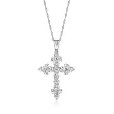 Ross-Simons - 1.00ct t. w. Diamond Cross Pendant Necklace in 14kt White Gold. 20". Inspired by the look of the ancient Saint Thomas Cross, this elegant cross pendant necklace is bedecked with 1.00 ct. t. w. round brilliant-cut diamonds and set in polished 14kt white gold. Suspends from a rope chain with a springring clasp. Perfect as an everyday statement of your faith, or as a special gift for a religious milestone. Diamond cross pendant necklace. Diamond birthstones are the perfect gift for Ap Classic Cross Pendant Necklace With Prong Setting, Classic Diamond White Crucifix Cross Necklace, Classic Cross Pendant Necklaces With Prong Setting, Classic Necklaces With Cross Pendant In Prong Setting, Classic Cross Pendant Necklace For Anniversary, Classic Diamond Accents Cross Pendant Necklace, Classic Diamond White Cross Necklace, Classic Cross Necklace With Diamond Accents, Classic Crucifix Cross Necklace For Anniversary