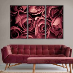 two red roses are hanging on the wall next to a couch