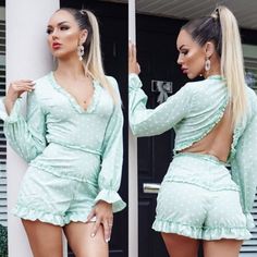 Mint Green And White Polka Dot Long Sleeve V-Neck Open Back Ruffle Hem Romper Polka Dot Long Sleeve Open Back V-Neck Frill Detail Length Is 31 Inches For Size S And Size 4 90% Polyester, 10% Elastane New With Tag Size Xs = 0-2 Size M = 6-8 Size L =10 Model Is Wearing Size S If You Have Any Questions, Please Let Me Know Thank You For Stopping By My Boutique To Read Reviews; Go To My Boutique Page By Clicking On My Username, Then Click On About And Then Scroll To Received Love Notes Romper, Frill Flirty V-neck Bodysuit For Summer, Summer V-neck Bodysuit For Brunch, Backless Fitted Jumpsuits And Rompers For Brunch, Backless Fitted Jumpsuits For Brunch, Fitted Backless Jumpsuits And Rompers For Brunch, Fitted Backless Jumpsuits For Brunch, Chic Polka Dot Jumpsuits And Rompers For Party, Chic V-neck Bodysuit For Day Out, Summer V-neck Polka Dot Jumpsuits And Rompers