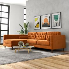 a living room with two pictures on the wall and an orange couch in front of it