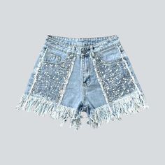 Party Denim Bottoms With Fringe, Spring Party Bottoms With Frayed Hem, Trendy High Rise Fringe Shorts, Casual Jean Shorts With Rhinestone Fringe For Summer, Casual Jeans With Rhinestone Fringe, High Waist Jean Shorts With Rhinestone Fringe For Summer, Casual Cutoff Bottoms With Rhinestone Fringe, High Rise Fringe Jean Shorts For Summer, Trendy Jean Shorts For Party