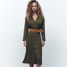 Lapel Collar Midi Dress With V-Neck And Long Sleeves. Contrast Belt. Front Gold Button Closure. Brand New With Tags . Khaki L: Armpit To Armpit 21”, Length 49”. Xl: Armpit To Armpit 22”, Length 49”. Zara Green Suede Dress, Green V-neck Shirt Dress For Fall, Green V-neck Maxi Dress With Button Closure, Elegant V-neck Midi Dress With Buttons, V-neck Shirt Dress With Button Closure For Casual Wear, V-neck Shirt Dress With Button Closure, Elegant Green V-neck Shirt Dress, Zara V-neck Shirt Dress For Work, Chic Fall Maxi Dress With Button Cuffs