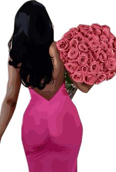 a woman in a pink dress holding a large bouquet of roses on her shoulder and back