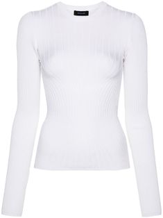 white stretch-design ribbed knit crew neck long sleeves ribbed cuffs and hem unlined Elegant White Ribbed Sweater, Stretch White Sweater With Ribbed Collar, Elegant Crew Neck Knit Top With Ribbed Cuffs, Elegant Knit Top With Ribbed Cuffs And Crew Neck, White Fitted Sweater With Ribbed Neckline, Elegant Ribbed Crew Neck Knit Top, White Fitted Long Sleeve Crew Neck Top, Classic White Fitted Long Sleeve Top, White Stretch Tops With Ribbed Collar