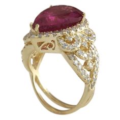 Stamped: 14K Yellow GoldTotal Ring Weight: 8.3 GramsRing Length: N/ARing Width: N/AGemstone Weight: Total Natural Rubelite Weight is 6.67 Carat (Measures: 15.93x10.84 mm)Color: RedDiamond Weight: Total Natural Diamond Weight is 1.60 CaratColor: F-G, Clarity: VS2-SI1Face Measures: 18.40x12.90 mmSku: [704194W] Luxury Oval Ruby Ring With Prong Setting, Luxury Pear-shaped Ruby Ring, Luxury Oval Ruby Ring For Formal Occasions, Luxury Oval Ruby Ring With Gemstone, Luxury Ruby Ring With Center Stone For Formal Occasions, Luxury Ruby Ring With Center Stone For Formal Events, Luxury Formal Ruby Ring With Center Stone, Luxury Ruby Rings With Gemstone Accents, Luxury Oval Ruby Ring With Accent Stones