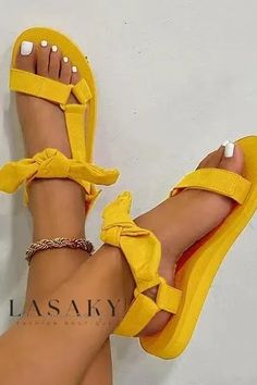 Lasaky - Chic Womens Flat Sandals Featuring Convenient Magic Tape Closure and Elegant Bow Accents Colorful Sandals, Bow Sandals, Pu Heels, Bow Shoes, Yellow Shoes, Casual Lace, Womens Sandals Flat, Casual Flats, Beach Sandals