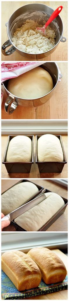 four pictures showing how to make bread loafs in a pan and then place them in the oven