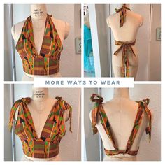 Stay fresh and cute with this cotton tie halter top. Ties are long enough to tie in various ways. One top 4 styles! Print is a colorful Kente African cotton fabric to keep you cool during this heatwave.  Sizes available are XSmall to 3XLarge: XS -  Bust 32in Waist Free SM-  Bust 34in Waist Free MD-  Bust 36in Waist Free LG -  Bust 38in Waist Free XL -  Bust 40in Waist Free 2XL- Bust 42in Waist Free 3XL- Bust 44in Waist Free Feel free to message me with any questions. Cotton Crop Top With Tie Straps For Beach, Summer Cotton Tops With Tie Back, Cotton Summer Halter Top With Tie Back, Summer Cotton Halter Top With Tie Back, Cotton Crop Top With Tie Straps For Vacation, Trendy Cotton Tie-back Top, Trendy Cotton Tie Back Top, Trendy Cotton Halter Top For Day Out, Tie Back Halter Neck Top For Day Out