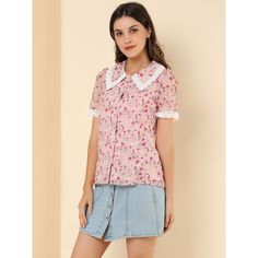 Take you from work to casual wear with this Allegra K shirt. In sweet floral prints, the lightweight and comfortable fabric is decorated with a lace trim and short sleeves. This short-sleeved shirt is enhanced by a cute floral and embroidered design and will be added right into your spring-summer wardrobe. A cute peter-pan-collar shirt is tailored with beautiful embroidery, a fresh flowered pattern, and a straight-cut silhouette. The button-down closure allows it to sit perfectly at the top of y Casual Short Sleeve Blouse With Lace Collar, Casual Blouse With Lace Collar And Short Sleeves, Feminine Printed Short Sleeve Tops, Casual Blouse With Floral Embroidery And Peter Pan Collar, Summer Pink Tops With Lace Collar, Spring Tops With Lace Collar And Short Sleeves, Floral Embroidered Doll Collar Blouse For Summer, Pink Lace Collar Tops For Summer, Pink Tops With Lace Collar For Summer