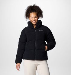 The perfect puffer for all-day comfort. This Sherpa jacket is soft, stylish, and packed with 100% recycled insulation to keep in just the right amount of warmth while feeling lightweight. Cold Weather Quilted Puffer Jacket In Recycled Polyester, Quilted Puffer Jacket For Cold Weather, Quilted Long Sleeve Puffer Jacket In Recycled Polyester, Quilted Puffer Jacket With Long Sleeves In Recycled Polyester, Quilted Puffer Jacket With Recycled Polyester, Casual Black Puffer Jacket In Recycled Polyester, Insulated Recycled Polyester Puffer Jacket For Fall, Cozy Puffer Jacket For Cold Weather, Columbia Puffer Jacket