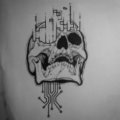 a black and white drawing of a skull with circuit boards in the background, on a wall