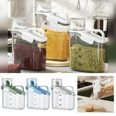 the kitchen canisters are filled with different types of food