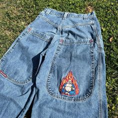 Insanely Sick Vintage 90s Jnco Jeans Flaming Buddha Massive Back Pockets Mad Lofty Fit Baggy Jeans!! These Are By Far My Fav Jncos!! Absolutely Love The Fit Of These! They Say Size 32 X 32 But Fit Like A 30x30! #Jnco #Baggy #Vintage #Denim #Y2k Jnco Jeans, Baggy Jeans, Light Wash Jeans, Vintage Denim, Vintage 90s, Mens Jeans, Halloween, Blue, Color