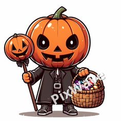 a cartoon pumpkin with a trick in his hand and a basket full of candy inside