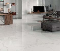 an image of a living room with white marble floors