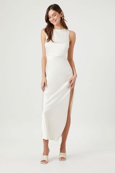 Sleeveless Open-Back Maxi Dress | Forever 21 Chic Split Maxi Dress With Tie Back, Chic Maxi Dress With Tie Back And Split, Elegant Split Midi Dress For Brunch, Satin Maxi Dress With Side Slits, Sleek Backless Dress With Side Slits, Fitted Maxi Dress With Side Slits For Brunch, Fitted Sheath Maxi Dress With Side Slits, Sleeveless Sleek Maxi Dress For Summer, Sleek Sleeveless Maxi Dress For Spring